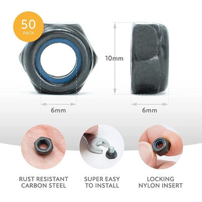 JIS Standard Self Threading M6 Hex Nuts с антивибрационными нейлоновыми замками, вставками из нержавеющей стали 201/304/316 Black Oxide Finish